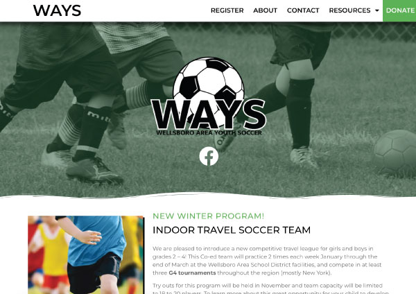 screenshot of the homepage of WAYS Soccer website